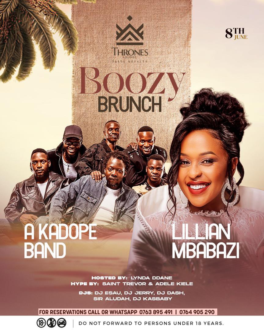 Mushrm (@mushroominc) on Twitter photo This Sunday, join the Boozy Brunch at <a href="/throneskampala/">throneskampala</a>, hosted by <a href="/lynda_ddane/">Lynda Ddane</a>, with a live performance by <a href="/lmbabazi/">Lilian Mbabazi</a> and <a href="/a_ka_dope/">A Ka Dope</a>. <a href="/saint_trevor_/">ariho_collins_trevor</a> and <a href="/ItsAdele22/">Adele_kiele🇹🇿🇺🇬</a> will keep the energy high, while <a href="/Esau590/">Esau</a>, <a href="/DjAludah/">Sir. Aludah 👑</a>, <a href="/djKasBaby/">Kas 😎</a>, <a href="/Jerrymehn/">It’s Jerry Mehn</a>, and <a href="/DJ_DashUG/">DJ Dash</a> rock the decks. This Sunday, join the Boozy Brunch at <a href="/throneskampala/">throneskampala</a>, hosted by <a href="/lynda_ddane/">Lynda Ddane</a>, with a live performance by <a href="/lmbabazi/">Lilian Mbabazi</a> and <a href="/a_ka_dope/">A Ka Dope</a>. <a href="/saint_trevor_/">ariho_collins_trevor</a> and <a href="/ItsAdele22/">Adele_kiele🇹🇿🇺🇬</a> will keep the energy high, while <a href="/Esau590/">Esau</a>, <a href="/DjAludah/">Sir. Aludah 👑</a>, <a href="/djKasBaby/">Kas 😎</a>, <a href="/Jerrymehn/">It’s Jerry Mehn</a>, and <a href="/DJ_DashUG/">DJ Dash</a> rock the decks.