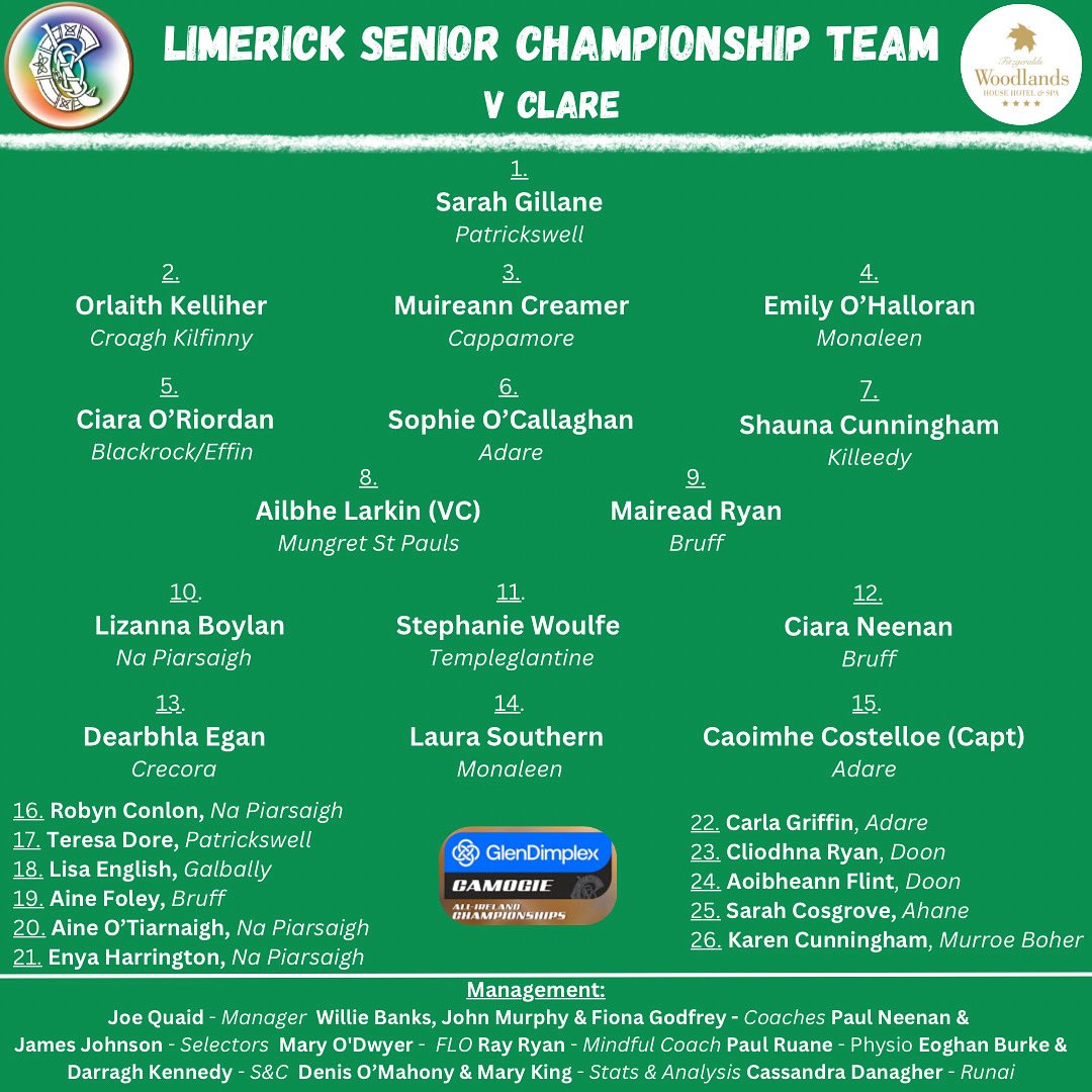 TEAM ANNOUNCEMENT 📣 Joe Quaid &amp; his Mgmt Team have named their <a href="/woodlandshotel/">Bangkok Butget hotel</a> sponsored Senior team for tomorrow. Captained by Caoimhe Costello <a href="/adaregaa/">Adare GAA</a> 
Vice Captain Ailbhe Larkin @mungretstpaulsgaa 
⏰ Throw in 2pm
📍 Cusack Park
🎟️ Link for tickets universe.com/users/camogie-…