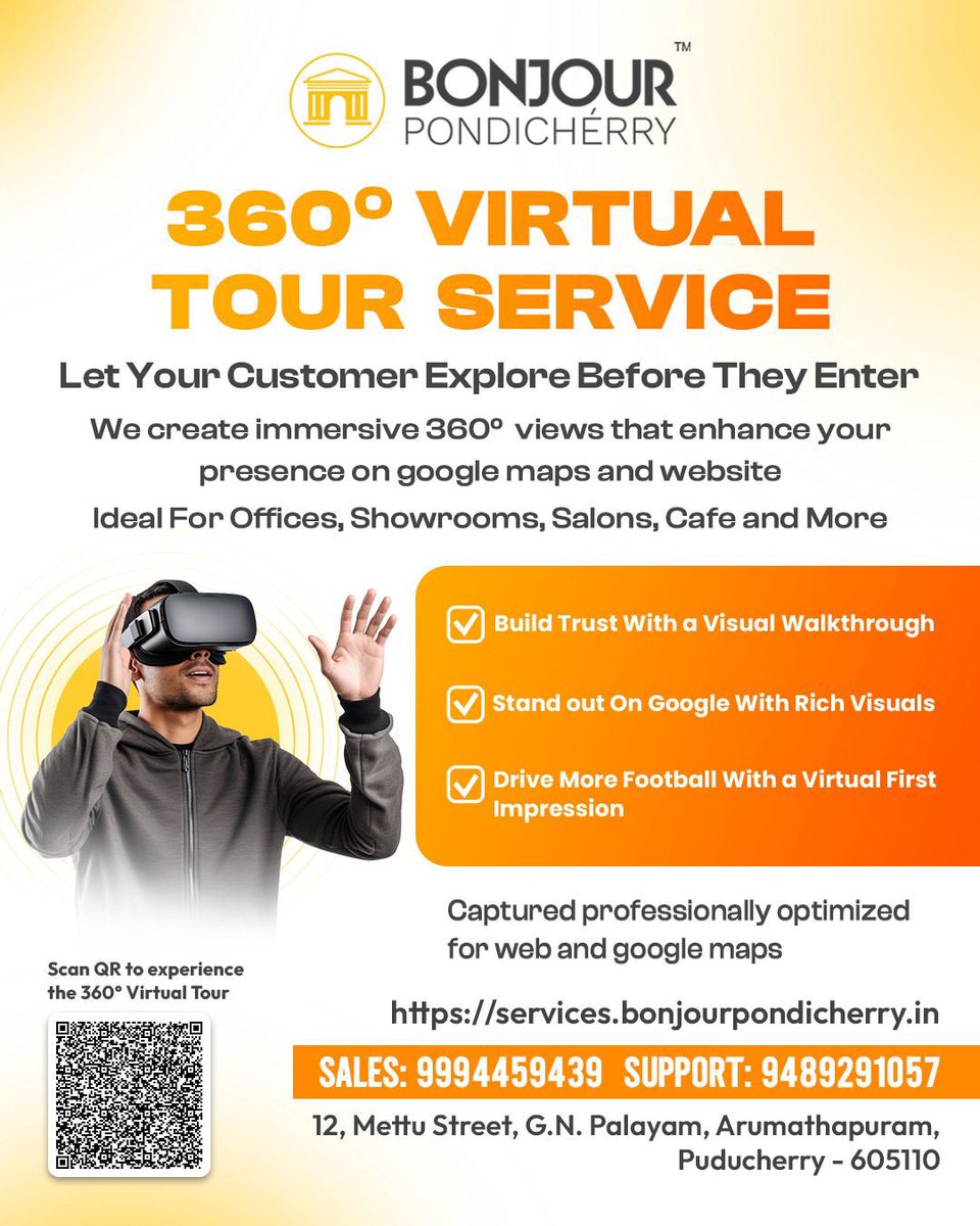 bonjourpondi's tweet image. 🌀 360° Virtual Tour Service
Let your customers explore before they visit!

We create immersive 360° views for:
✅ Offices
✅ Showrooms
✅ Salons
✅ Cafes &amp;amp; more

Bonjour Pondichérry™
📞 Sales: 99944 59439 

#360VirtualTour #GoogleMapsVirtualTour #VirtualTour