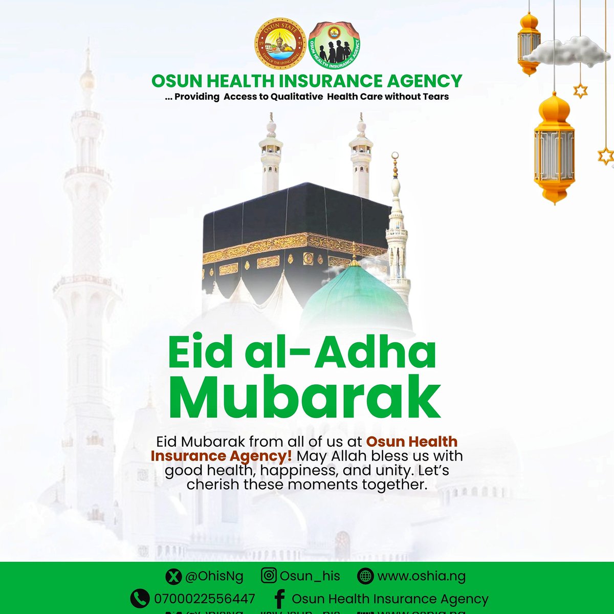 OhisNg's tweet image. From all of us at @OhisNg, we wish all Muslims a joyous Eid celebration.
As we share the moments of Eid with our loved ones, let us remember to uphold the principles of faith as enshrined in the holy books of Quran and Hadith. Eid Mubarak
#HealthInsurance
#OsunHealthInsurance
