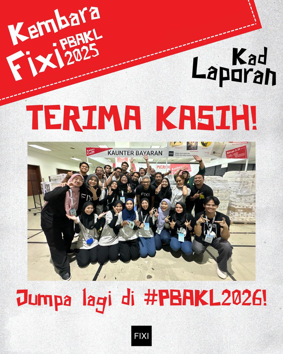 BukuFixi's tweet photo. Seperti biasa, ini kad laporan #kembarafixipbakl2025. Terima kasih sekali lagi kepada semua pembeli, penulis dan penyokong yang hadir; serta pasukan petugas dan mereka yang membantu. 

Disebabkan jualan drop tahun ini, kami telah buat beberapa tekad. Antaranya adalah pembatalan apa-apa rancangan ke luar negara untuk separuh kedua tahun ini; dan juga menunda beberapa penerbitan khas (bukan novel biasa) ke tahun depan. 

Kami juga mula bersedia menghadapi cabaran untuk PBAKL 2026! Moga dapat jumpa di sana atau mana-mana acara sebelum itu 😍