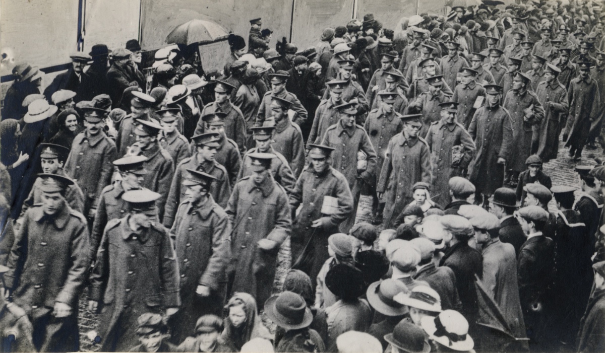 On 5 June 1915, thousands lined the streets to watch the Accrington Howitzers leave town for training at Weeton Camp. Photo thanks to Jane Ramagge.