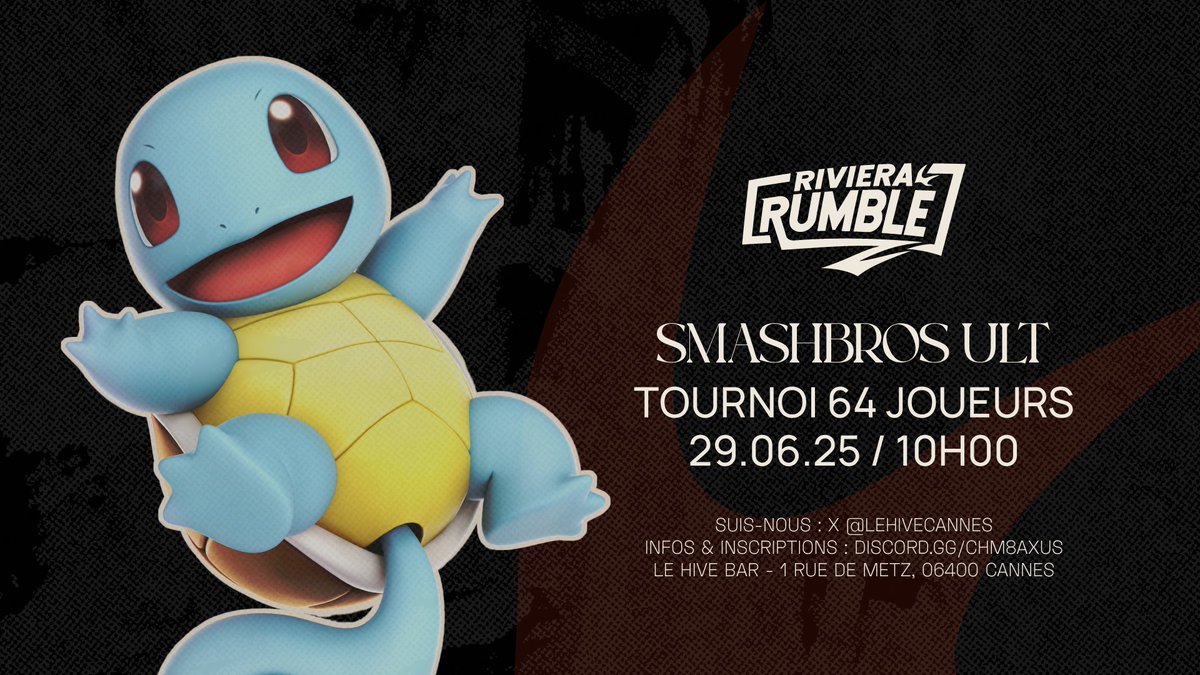 🎮 RIVIERA RUMBLE - Smashbros
📅 29 Juin 2025 - 10h00 
📍 Le Hive Bar - Cannes
 
Tu veux participer ? ⚔️
 
Inscriptions : start.gg/tournament/riv… 📩

Infos : discord.gg/yvzaxK7pkA
 
#RiseAsOne #HiveUp 🧡🖤