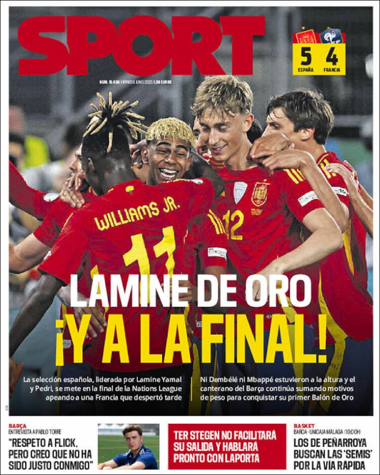 Today's 🇪🇸⚽ frontpages:

🗞️ Marca: "The party ends in a scare"
🗞️ AS: "Spain are the bosses"
🗞️ Mundo Deportivo: "He's worth gold"
🗞️ Sport: "Golden Lamine, and into the final"