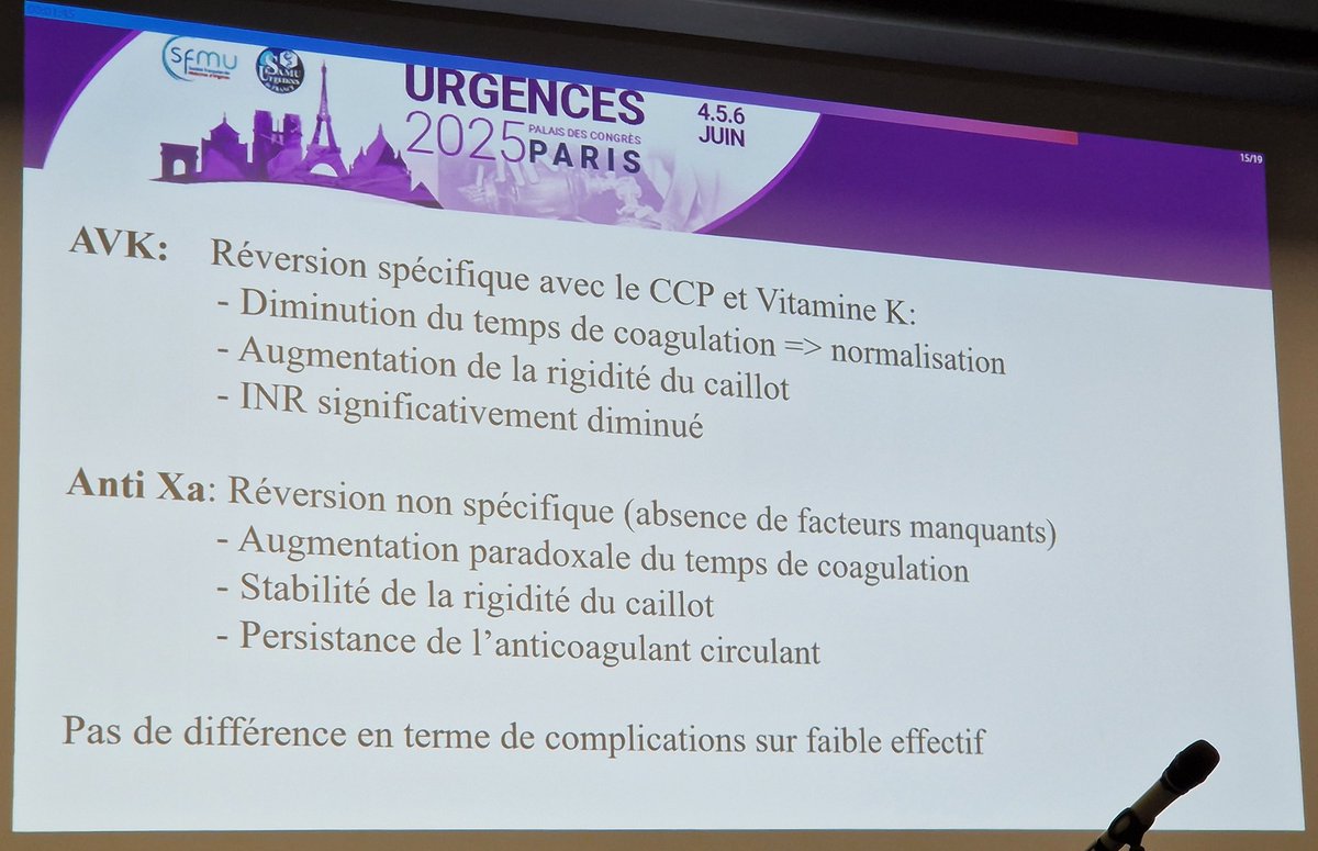 Ce qu'il faut retenir de la réversion spécifique des AVK (vitamine K + CCP, surveillance INR) vs la réversion non spécifique des nouveaux anticoagulants (CCP, surveillance anti-Xa). Merci au Dr Dorian TEISSANDIER pour cette présentation. #Urgences2025 #Congrès