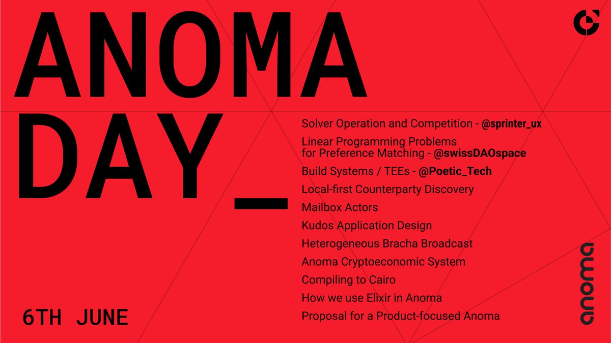 🔴 Happy Anoma Day!

Join the livestream on X or YouTube starting at 10am UTC / Noon CEST today. 

This is a developer-focused event featuring the latest technical deep-dives on building intent-centric apps. Don't miss it!