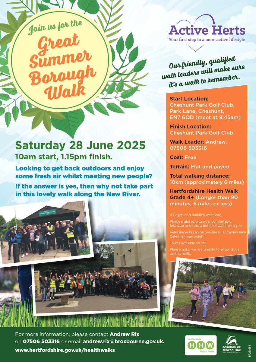 BroxbourneBC's tweet image. Join us for the Great Summer Borough Walk 🚶🚶‍♀️

Get back outdoors, enjoy some fresh air whilst exercising and meeting new people!

📅 Saturday 28 June from 9.45am to 1.15pm
📍 Meeting at Cheshunt Park Golf Course, Park Lane, Cheshunt, EN7 6QD