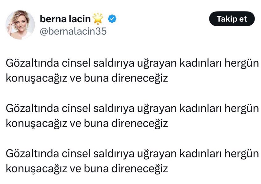Bayram da olsa pes etmeden tek başıma yazmaya devam

Berna Laçin attığı bu twitle halkı polise karşı kin ve nefrete sürüklemiyor mu? 

Berna Laçin Tutuklansın.