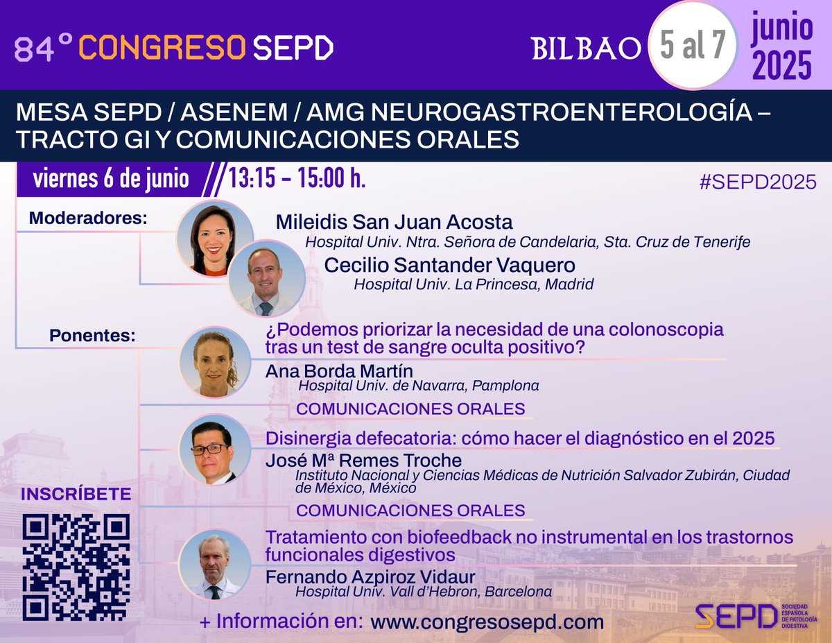 Sociedad Española de Patología Digestiva (SEPD) (@sepdigestiva) on Twitter photo 4️⃣ Mesa SEPD / @ASENEM / <a href="/Gastromx/">AMG Asoc.Mex.Gastro.</a> – NEUROGASTROENTEROLOGÍA
🔹 ¿Colonoscopia tras test de sangre oculta?
🔹 Diagnóstico actual de la disinergia defecatoria
🔹 Biofeedback no instrumental en trastornos funcionales
#Neurogastroenterología #colonoscopia #tránsitointestinal 4️⃣ Mesa SEPD / @ASENEM / <a href="/Gastromx/">AMG Asoc.Mex.Gastro.</a> – NEUROGASTROENTEROLOGÍA
🔹 ¿Colonoscopia tras test de sangre oculta?
🔹 Diagnóstico actual de la disinergia defecatoria
🔹 Biofeedback no instrumental en trastornos funcionales
#Neurogastroenterología #colonoscopia #tránsitointestinal