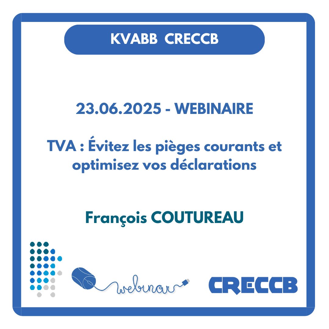 KVABB-CRECCB (@kvabb) on Twitter photo 23.06.2025 - TVA : Évitez les pièges courants et optimisez vos déclarations - @François Coutureau
Info & s'inscrire : bit.ly/4dMNaQ8
#tva #déclarationstva
<a href="/itaa_bel/">ITAA</a>
<a href="/TaxTalks/">taxtalks</a>
<a href="/SPFFinances/">SPF Finances</a>
<a href="/SPFEconomie/">SPF Economie</a> 23.06.2025 - TVA : Évitez les pièges courants et optimisez vos déclarations - @François Coutureau
Info & s'inscrire : bit.ly/4dMNaQ8
#tva #déclarationstva
<a href="/itaa_bel/">ITAA</a>
<a href="/TaxTalks/">taxtalks</a>
<a href="/SPFFinances/">SPF Finances</a>
<a href="/SPFEconomie/">SPF Economie</a>