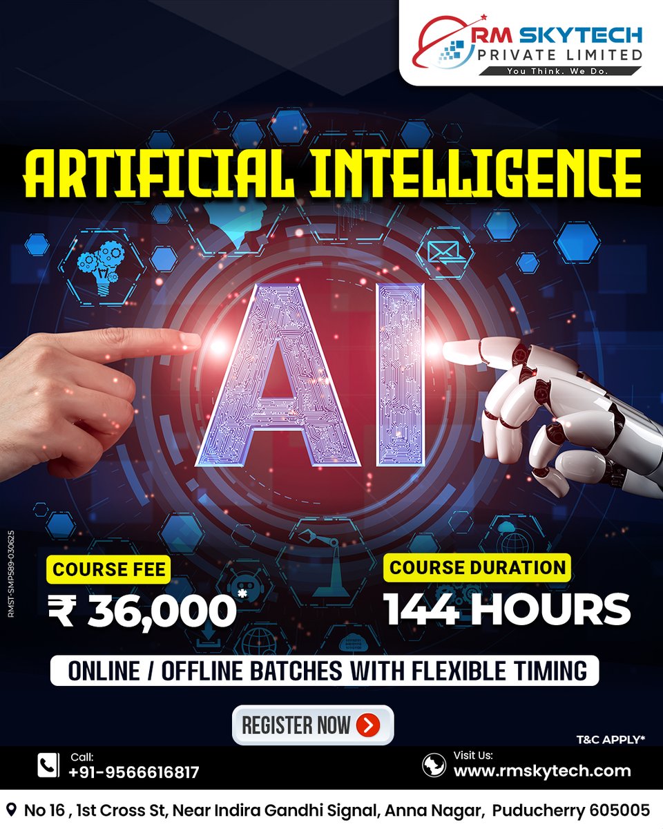 RMSkyTech1's tweet image. Unlock the future with an Artificial Intelligence course from RM Skytech! 🤖
Learn cutting-edge AI in 144 hours for ₹36,000.
Register now & become an AI expert! 🚀 Call +91-9566616817
#AI #ArtificialIntelligence #TechCourse #Puducherry