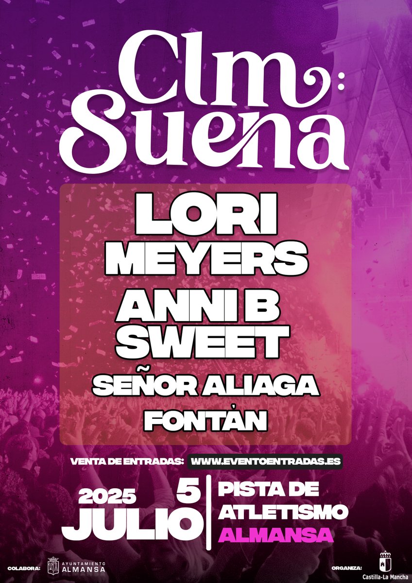 Gobierno de Castilla-La Mancha (@gobjccm) on Twitter photo 🎶 El festival ‘#CastillaLaMancha Suena’ comienza el próximo 5 de julio en #Almansa. 🎶
🎤 <a href="/lorimeyersband/">Lori Meyers</a>
🎤 <a href="/Annibsweet/">Anni B Sweet</a>
🎤 <a href="/sraliaga/">Señor Aliaga</a>
🎤 Fontán
👉 Puedes comprar tus entradas desde hoy mismo, a partir de las 12 horas, en:
➡️ eventoentradas.es/festival-clm-s…
ℹ️ castillalamancha.es/node/403170 🎶 El festival ‘#CastillaLaMancha Suena’ comienza el próximo 5 de julio en #Almansa. 🎶
🎤 <a href="/lorimeyersband/">Lori Meyers</a>
🎤 <a href="/Annibsweet/">Anni B Sweet</a>
🎤 <a href="/sraliaga/">Señor Aliaga</a>
🎤 Fontán
👉 Puedes comprar tus entradas desde hoy mismo, a partir de las 12 horas, en:
➡️ eventoentradas.es/festival-clm-s…
ℹ️ castillalamancha.es/node/403170