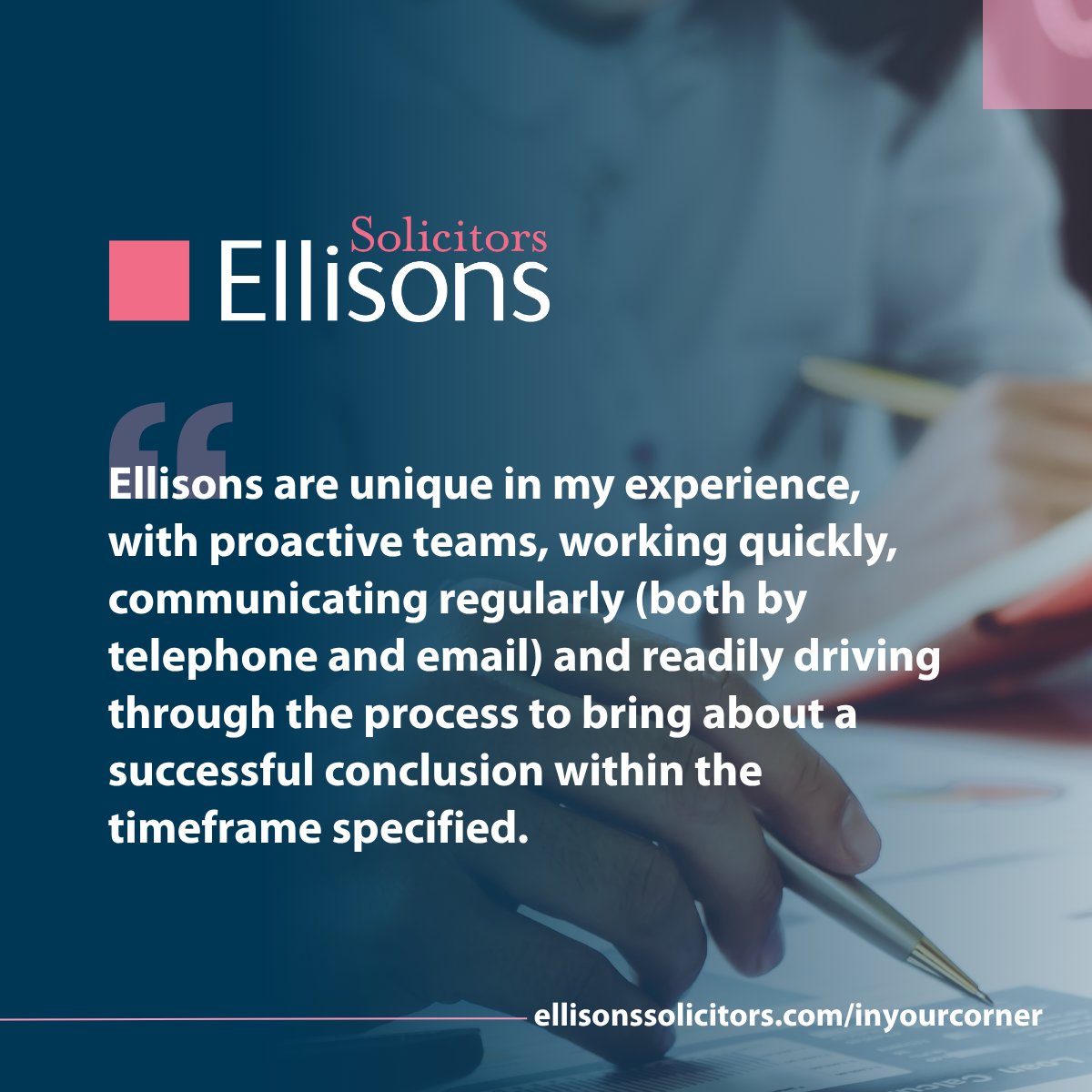 We support business owners, senior teams, and the people behind them with advice that stands the test of time.

Partner-led. Locally rooted. Trusted by generations.

ellisonssolicitors.com/inyourcorner #InYourCorner #Ellisons #EllisonsWay #LocalExpertise #TrustedAdvisors #LawFirm