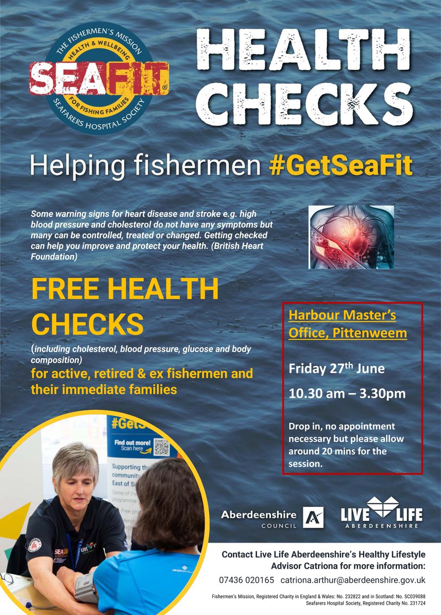 FishMishSeaFit's tweet image. Are you a fisherman in Pittenweem? Regular health checks at the quayside can prevent serious illnesses 27th June @thefishmish @seahospital @LLAberdeenshire