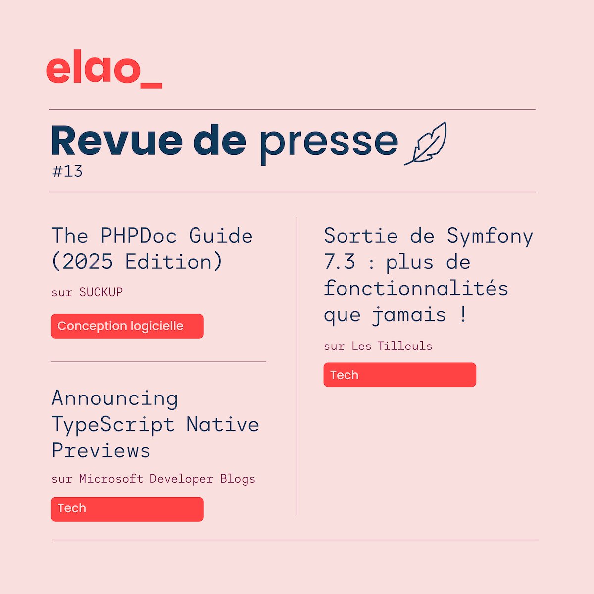 📃 Vendredi revue de presse —

Cette semaine, on explore les nouveautés de Symfony 7.3  🔥, TypeScript boote en Go 🥾 et on sort sa règle 📐 et son compas pour un typage chirurgical avec le guide de la PHPDoc 2025. 🦾

⬇️ Que nous promet encore l'avenir du développement ?