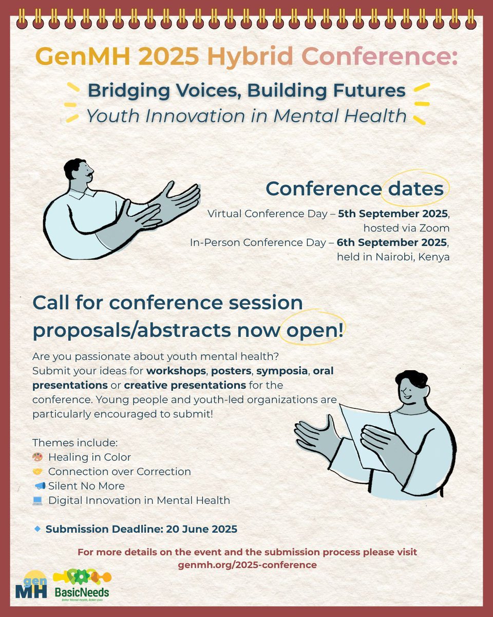 GenMHTeam's tweet image. Have you heard? 📣  Our 2025 conference will be a hybrid event, being held online and in Nairobi, Kenya! Are you interested in presenting at the event? Find out more about how you could showcase your work at this year&apos;s event! generationmentalhealth.org/2025-conference