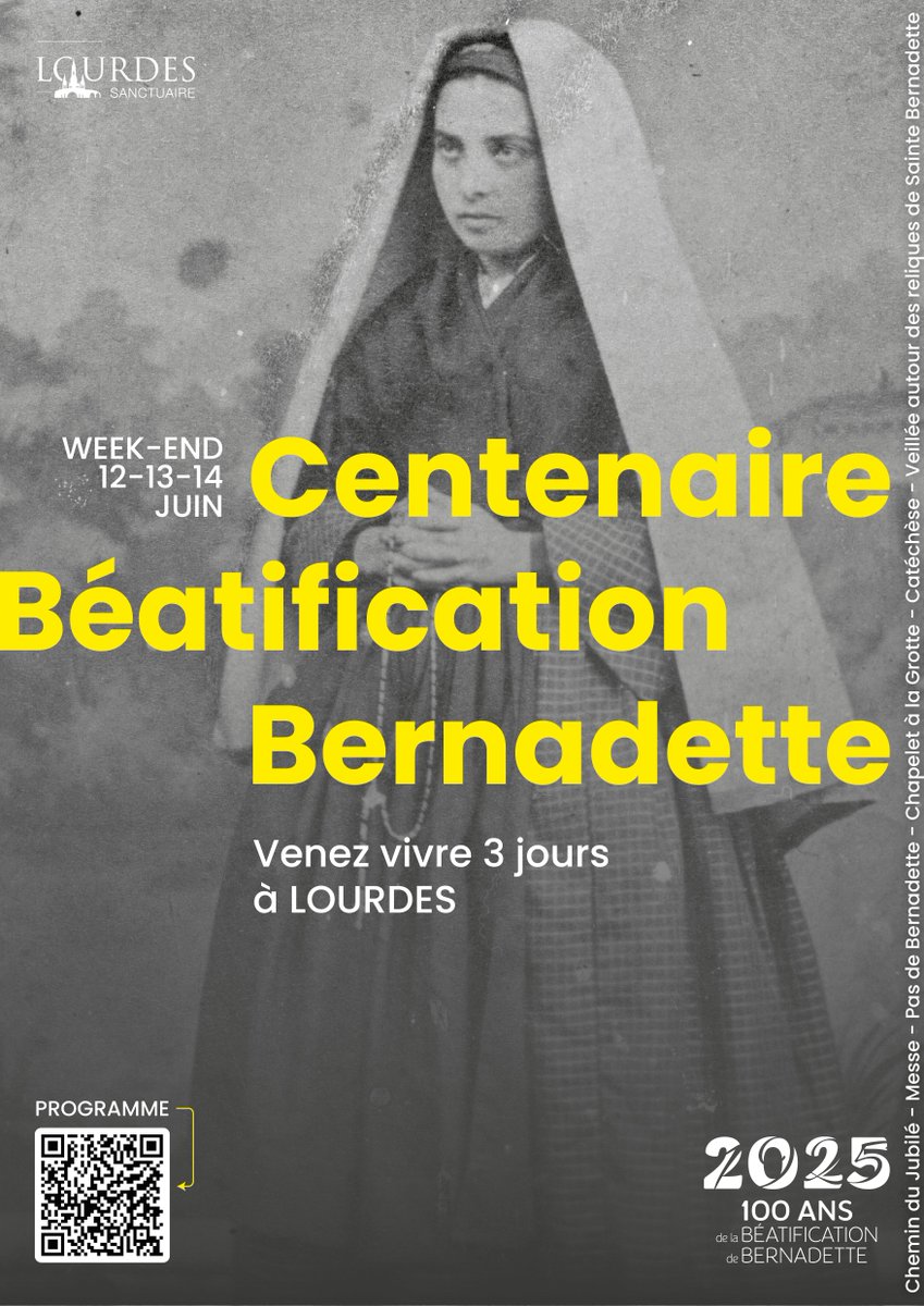 Le Sanctuaire vous invite du 12 au 14 juin pour fêter les 100 ans de la béatification de Bernadette. 🎉🙏

Cet anniversaire est l’occasion de nombreux événements spirituels et culturels.

En savoir plus sur le programme de ces 3 jours 👉 lourdes-france.com/centenaire-de-…