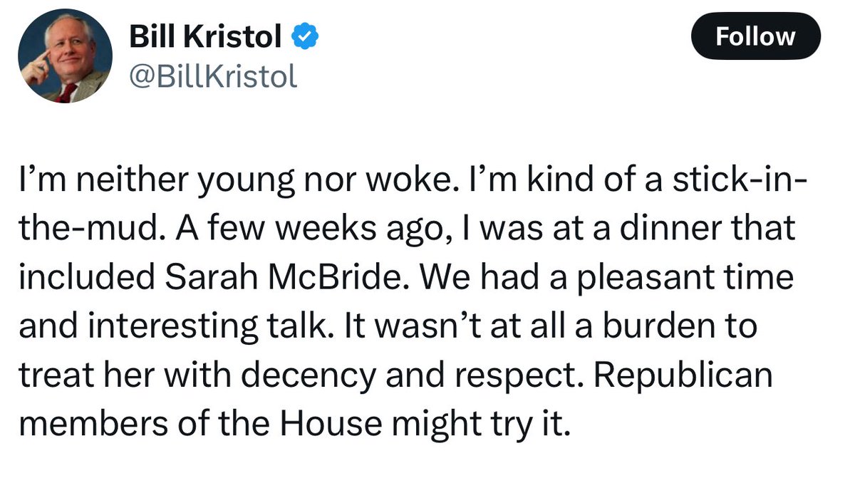 "I was able to have a pleasant dinner for two hours with a man claiming to be a woman who wasn't (in the moment) overtly trying to steal my rights or the rights of someone I love, therefore male rapists should be placed in female prisons, male athletes should be allowed to steal