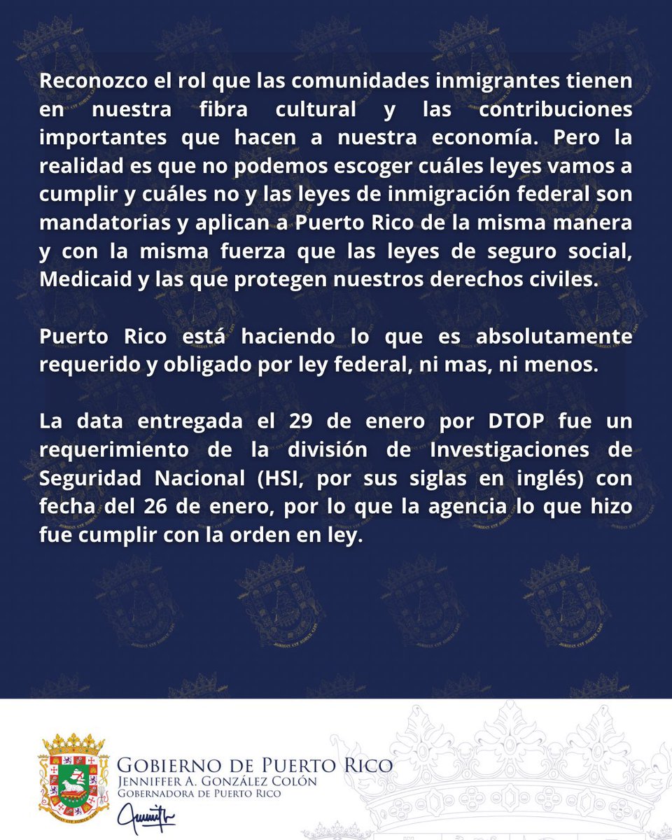 Robby Cortés🇵🇷 (@robbycortes) on Twitter photo En un comunicado publicado en sus redes sociales, la gobernadora <a href="/Jenniffer/">Jenniffer González</a> admite que el pasado 29 de enero su gobierno, a través de <a href="/DTOP/">DTOP</a>, entregó al <a href="/ICEgov/">U.S. Immigration and Customs Enforcement</a> los datos de miles de conductores sin estatus migratorio definido en #PuertoRico, por un "requerimiento" de <a href="/HSISanJuan/">HSI San Juan</a>. En un comunicado publicado en sus redes sociales, la gobernadora <a href="/Jenniffer/">Jenniffer González</a> admite que el pasado 29 de enero su gobierno, a través de <a href="/DTOP/">DTOP</a>, entregó al <a href="/ICEgov/">U.S. Immigration and Customs Enforcement</a> los datos de miles de conductores sin estatus migratorio definido en #PuertoRico, por un "requerimiento" de <a href="/HSISanJuan/">HSI San Juan</a>.