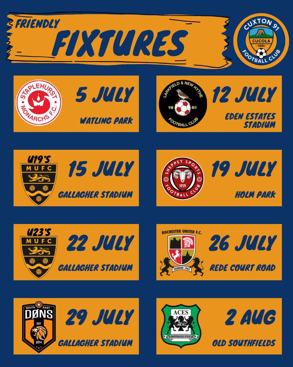Here is our pre season schedule with some cracking fixtures to look forward to.

#UPTHE91 #C91