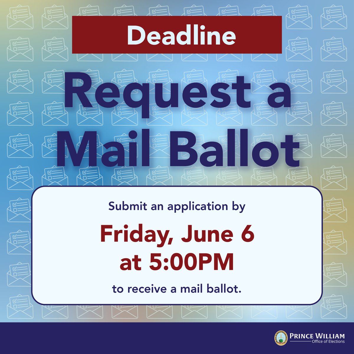 PWCVotes's tweet image. Would you like to vote by mail in the June Primary? Submit your ballot request by 5PM today! Voters who miss this deadline may vote in person at Early Voting or their assigned polling place on Election Day. #PWCVotes pwcvotes.org/votebymail