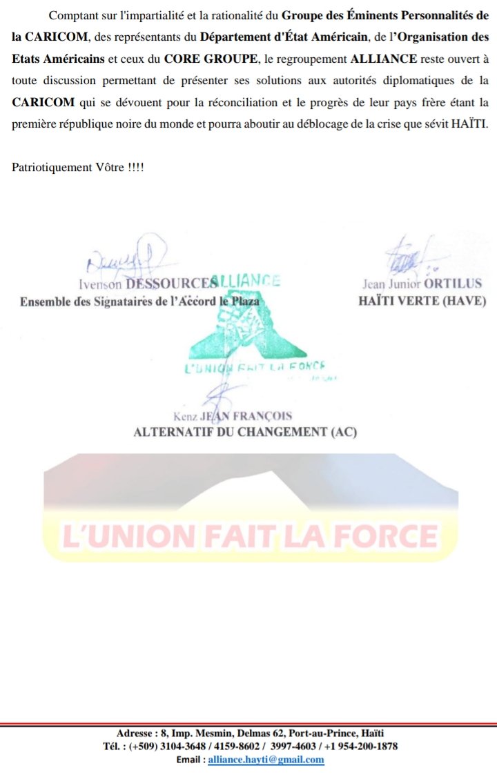 ALLIANCE_HAYTI's tweet photo. Lettre Ouverte aux Émissaires de la CARICOM.

An'n siyen Yon nouvo CONTRAH 🇭🇹

@BINUHAITI https://t.co/c6pXOZHg6K
