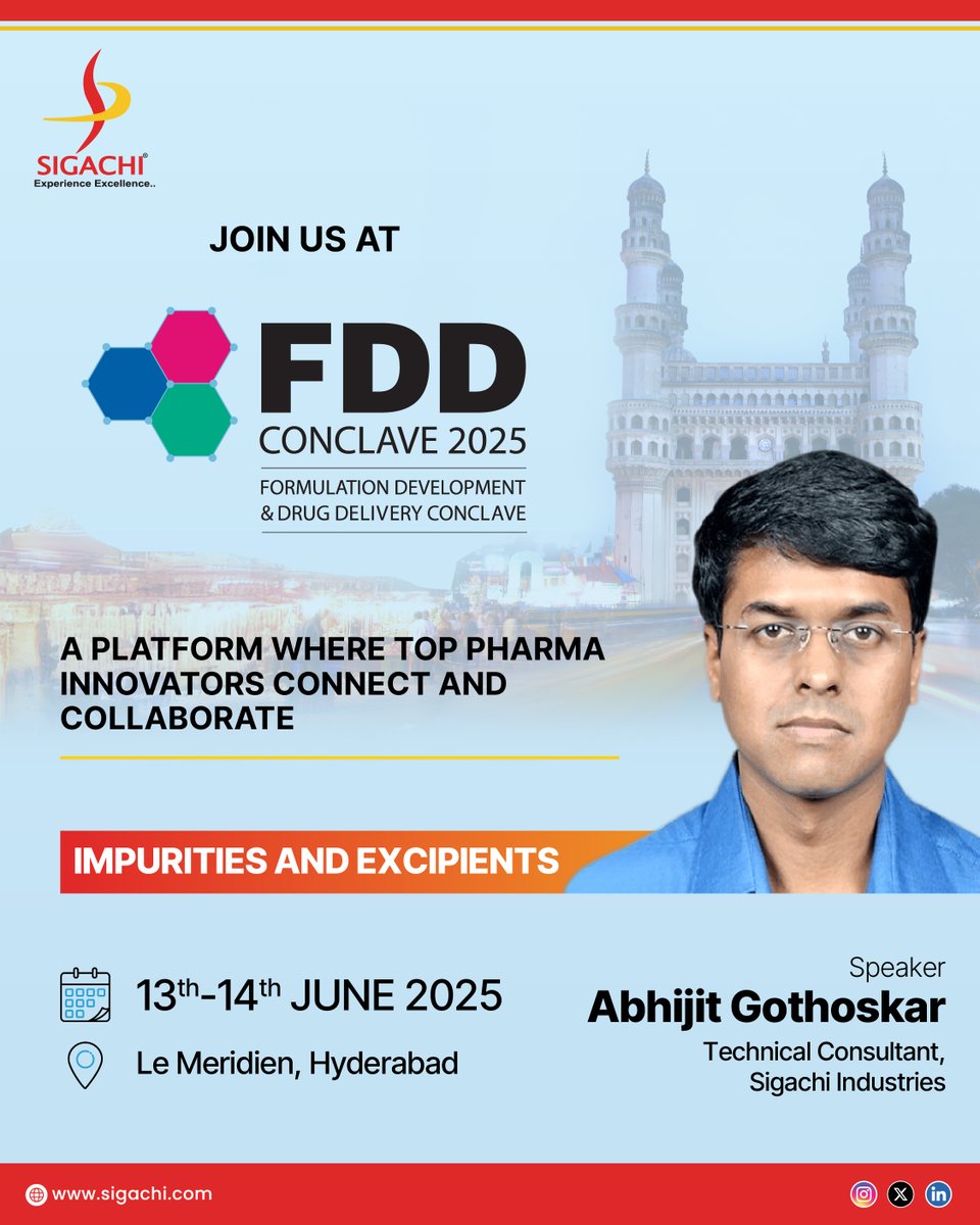 We’re headed to FDD Conclave 2025! Connect with our Technical Consultant, Mr. Abhijit Gothoskar, sharing insights on “Impurities &amp; Excipients.”

📍 Le Meridien, Hyderabad
📅 June 13–14, 2025

Meet us there to explore innovations &amp; connect with our experts! #FDD2025