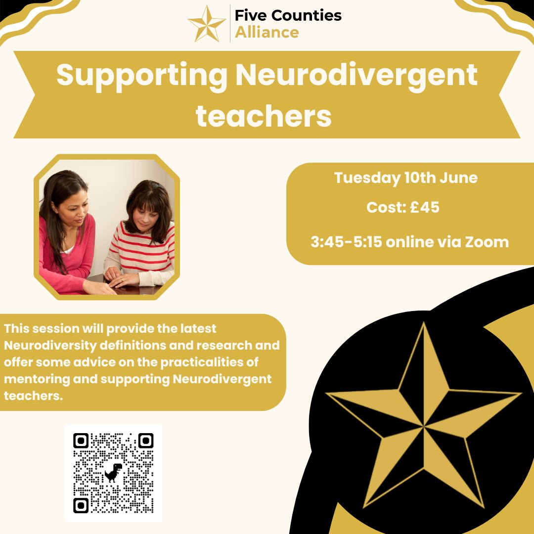 ⭐This session will provide the latest Neurodiversity definitions and research and offer some advice on the practicalities of mentoring and supporting Neurodivergent teachers.⭐️ 

#cpd #fivecounties