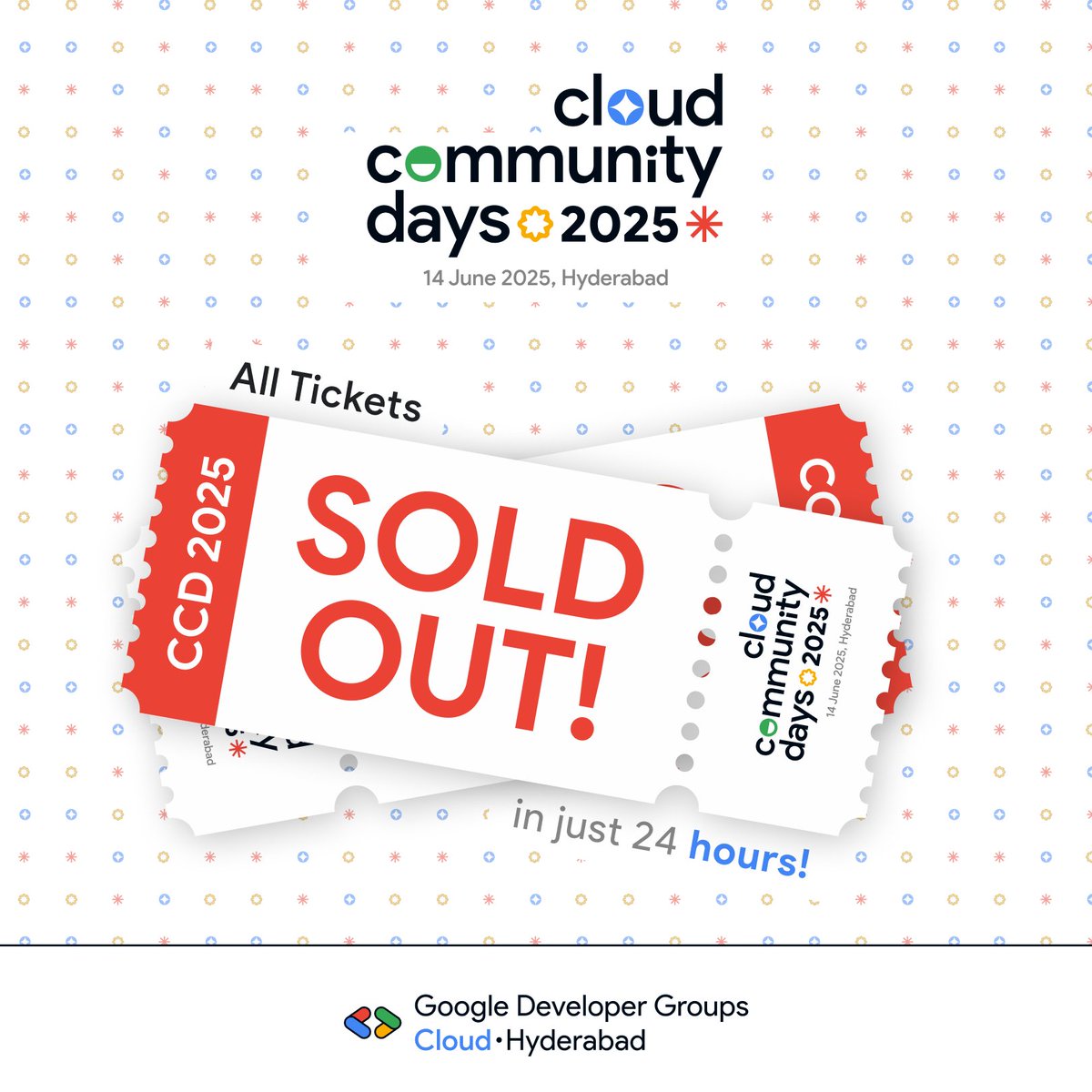 📢 All tickets for "Google Cloud Community Days Hyderabad" SOLD OUT in just 24 hrs! 🎉

A massive THANKS to our incredible community 🙌

Didn’t get a ticket? Don’t be disheartened 💙

👀 Keep an eye on our socials, you might just get a chance to win a FREE ticket soon! #GCCDHyd25