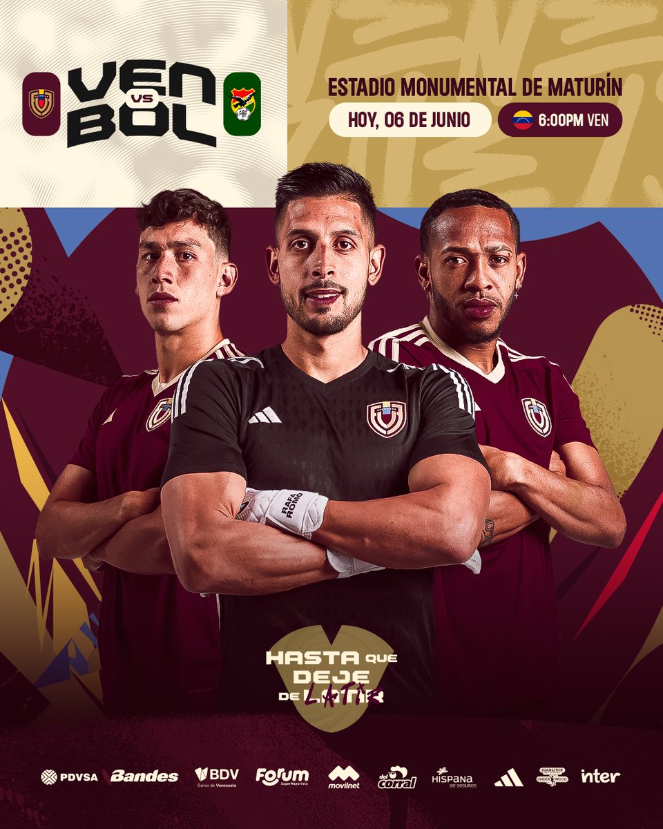 La Vinotinto (@selevinotinto) on Twitter photo 𝐇𝐎𝐘 𝐉𝐔𝐄𝐆𝐀 𝐋𝐀 𝐕𝐈𝐍𝐎𝐓𝐈𝐍𝐓𝐎 🇻🇪
Llegó el partido de 𝐓𝐎𝐃𝐎𝐒 ante Bolivia por la Fecha 15 de las Eliminatorias Sudamericanas a la Copa Mundial de la FIFA 2026.
🏟️ Estadio Monumental de Maturín
⌚️ 6:00 PM
📺 <a href="/Canal_Televen/">Televen</a> <a href="/TvesSonrie/">TVES</a>
📻 <a href="/deportiva/">Deportes FM Center</a> <a href="/millennialsfm/">MillennialsFM</a> 𝐇𝐎𝐘 𝐉𝐔𝐄𝐆𝐀 𝐋𝐀 𝐕𝐈𝐍𝐎𝐓𝐈𝐍𝐓𝐎 🇻🇪
Llegó el partido de 𝐓𝐎𝐃𝐎𝐒 ante Bolivia por la Fecha 15 de las Eliminatorias Sudamericanas a la Copa Mundial de la FIFA 2026.
🏟️ Estadio Monumental de Maturín
⌚️ 6:00 PM
📺 <a href="/Canal_Televen/">Televen</a> <a href="/TvesSonrie/">TVES</a>
📻 <a href="/deportiva/">Deportes FM Center</a> <a href="/millennialsfm/">MillennialsFM</a>