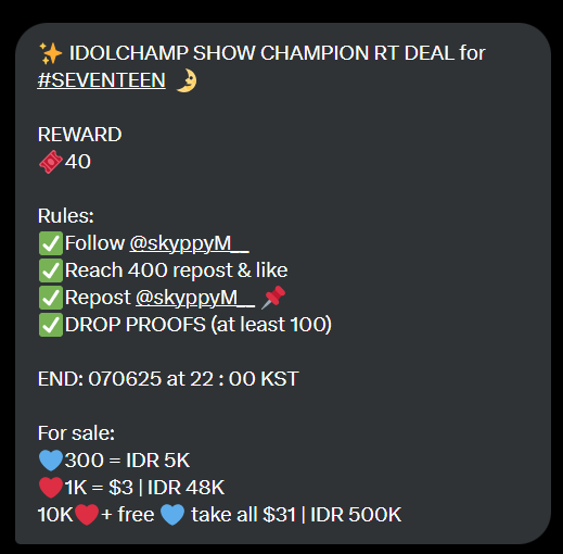 horanghaemeyn's tweet photo. ✨ IDOLCHAMP SHOW CHAMPION RT DEAL for #SEVENTEEN 🌛

REWARD 
🎟40

Rules: 
✅Follow @skyppyM__
✅Reach 400 repost &amp; like 
✅Repost @skyppyM__ 📌
✅DROP PROOFS (at least 100)

END: 070625 at 22 : 00 KST

For sale:
💙300 = IDR 5K
❤️1K = $3 | IDR 48K
10K❤️+ free 💙 take all $31 | IDR 500K