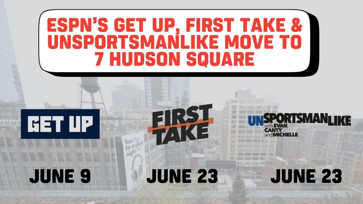 ESPN PR (@espnpr) on Twitter photo ESPN's signature morning shows, <a href="/GetUpESPN/">Get Up</a> & <a href="/FirstTake/">First Take</a>, & ESPN Radio's <a href="/UnSportsESPN/">UNSPORTSMANLIKE Radio</a> are moving to their new NYC home this month
Details: bit.ly/3ZTqWGl ESPN's signature morning shows, <a href="/GetUpESPN/">Get Up</a> & <a href="/FirstTake/">First Take</a>, & ESPN Radio's <a href="/UnSportsESPN/">UNSPORTSMANLIKE Radio</a> are moving to their new NYC home this month
Details: bit.ly/3ZTqWGl
