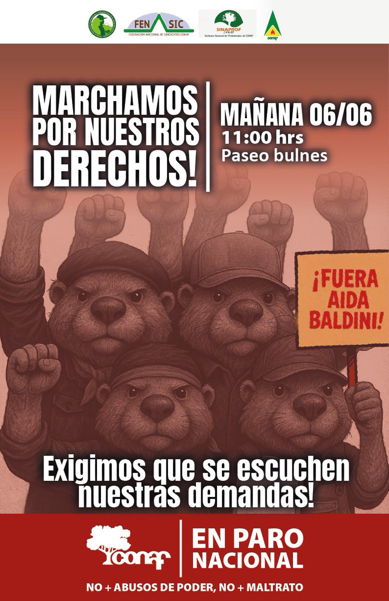 HOY a las 11:00 hrs. marcha por nuestros derechos en CONAF
No más ABUSOS de poder por parte de la directora Baldini, necesitamos que el presidente <a href="/GabrielBoric/">Gabriel Boric Font</a> considere a l@s trabajador@s 🙏
<a href="/conaf_minagri/">CONAF - Corporación Nacional Forestal</a> <a href="/min_interior/">Ministerio del Interior</a> <a href="/conaf_minagri/">CONAF - Corporación Nacional Forestal</a> <a href="/totiorellanag/">Antonia Orellana (ella/she)</a> <a href="/MinMujeryEG/">Ministerio de la Mujer y la Equidad de Género</a> <a href="/biobio/">BioBioChile</a>