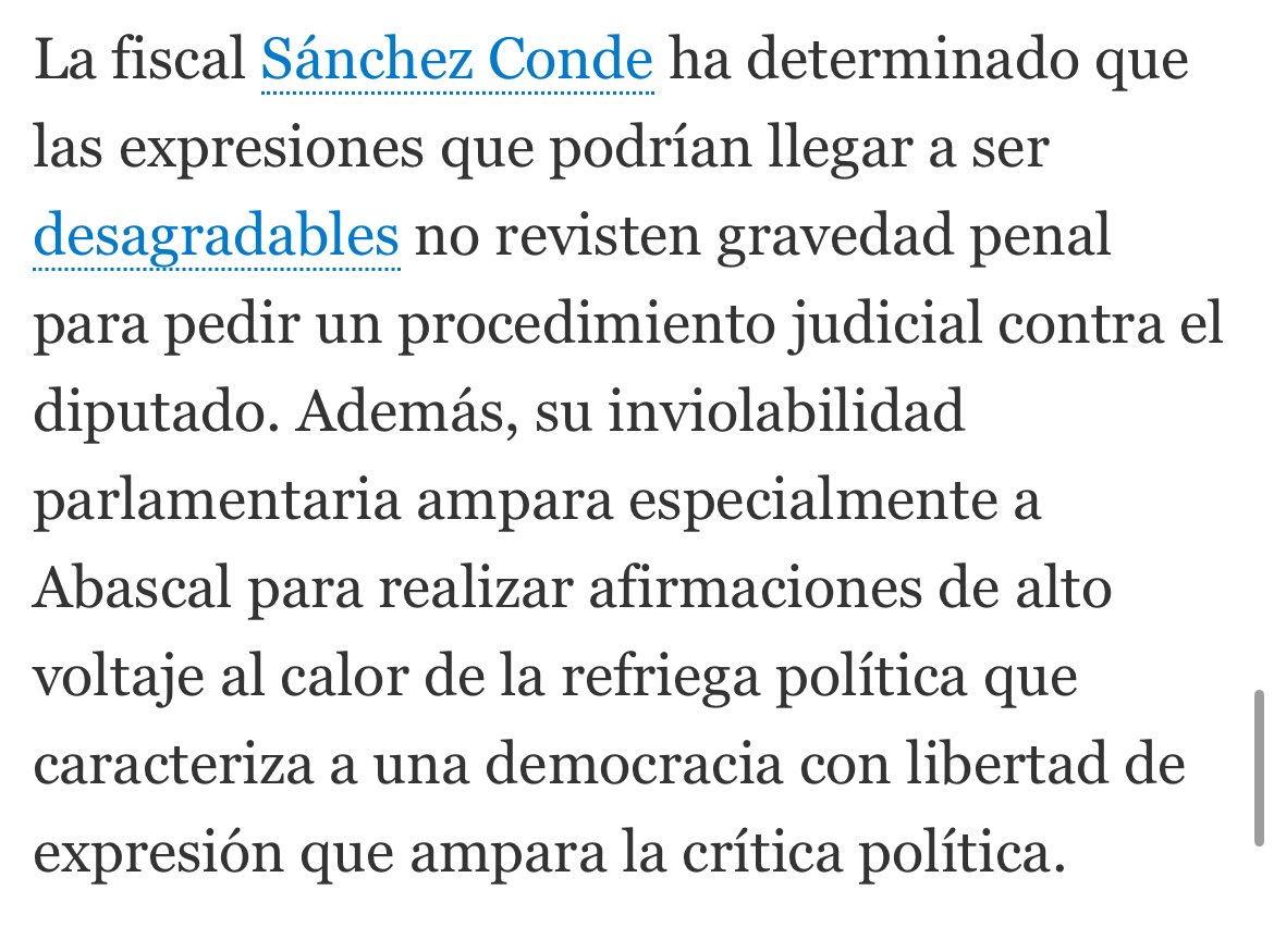 Cuando Abascal dice en una entrevista en Argentina que hay que “colgar a Sánchez por los pies”, la Fiscalía dice que no hay nada que investigar porque es diputado y por tanto inviolable.

Cuando Ione Belarra pone un tweet sobre el juez García-Castellón mucho más light, el Supremo