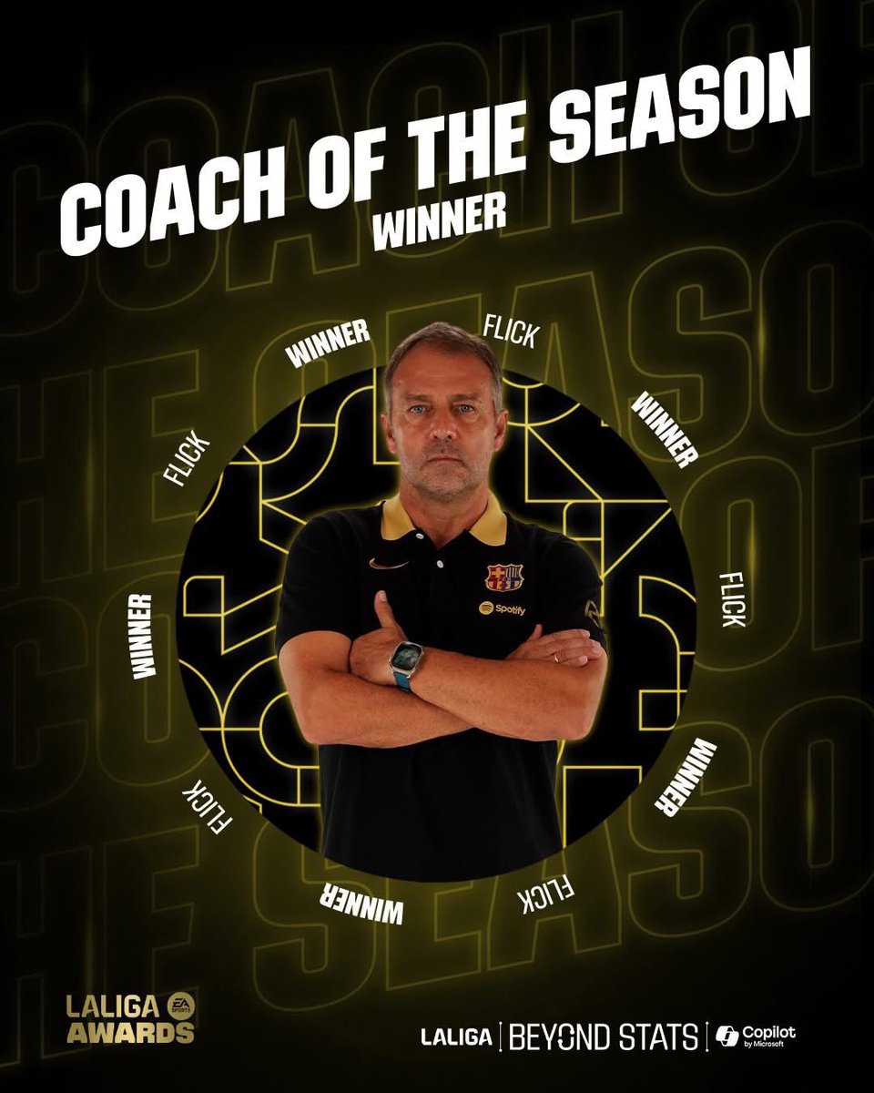 🚨🌟 Les trophées de la saison en Liga :

Meilleur joueur : Raphinha
Meilleur jeune : Lamine Yamal
Meilleur coach : Hansi Flick

🔵🔴