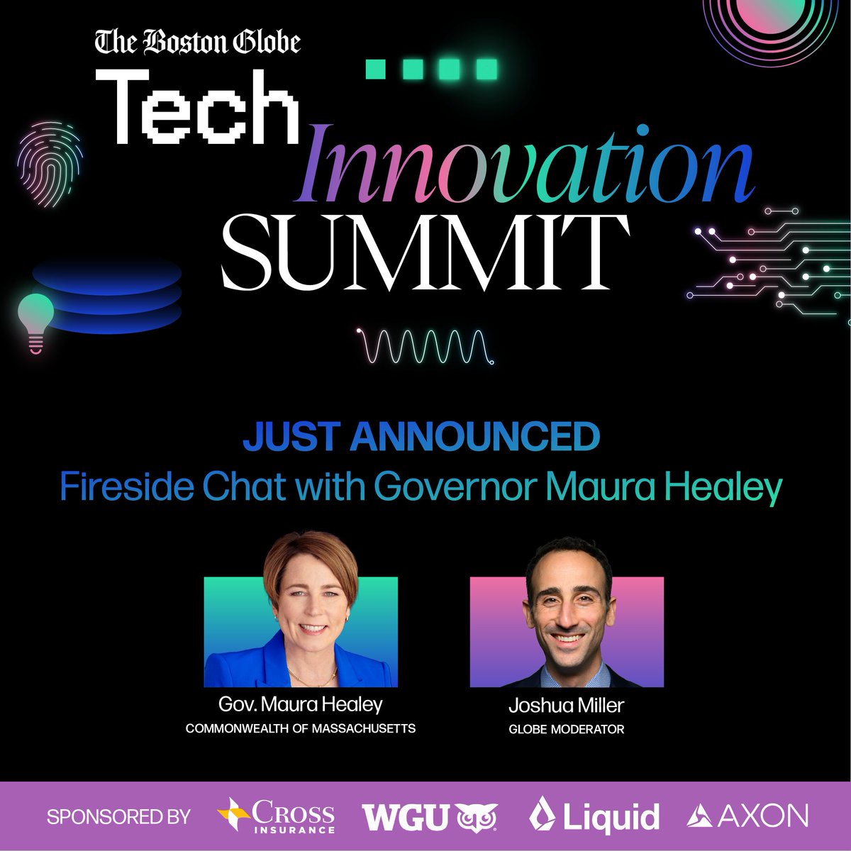 globeevents's tweet photo. Governor Maura Healey will be joining us as a headlining speaker at The Boston Globe’s #TechInnovationSummit on Tuesday, June 10 at The State Room. 

Tickets are limited—register today: https://t.co/vf3skfJ68e https://t.co/7vX5FV13oX