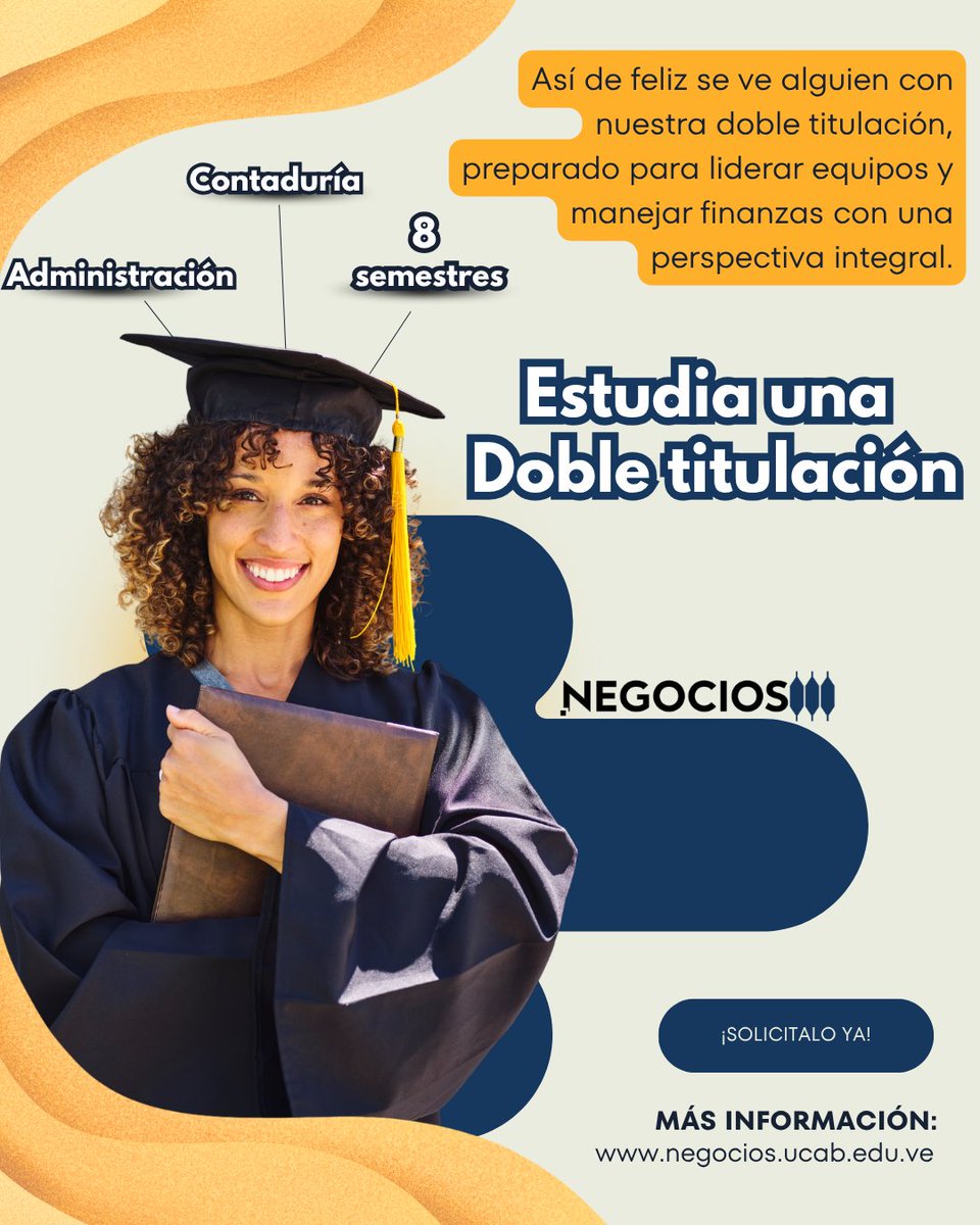 ¡No pierdas la oportunidad de obtener una doble titulación en Contaduría Pública y Administración de Empresas! Para más información, ingresa a: 
negocios.ucab.edu.ve/doble-titulaci…… 
¡Transforma tu futuro! 
#UCAB #ÉxitoProfesional #TransformaTuFuturo