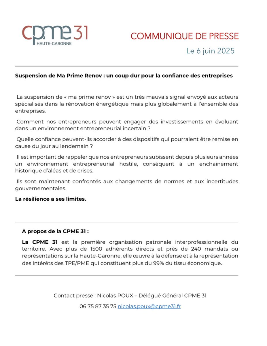 Poux Nicolas (@nico_poux) on Twitter photo Communiqué <a href="/cpme31/">CPME31</a>
📢 Suspension #MaPrimeRenov : un coup dur pour la confiance des entreprises 😡
••• " La résilience a ses limites."
#confiance #batiment #renovation #tpe #pme
<a href="/fbtp31/">FBTP31</a> <a href="/CPMEnationale/">CPME</a> <a href="/CPMEoccitanie/">CPME Occitanie</a> <a href="/mroudie/">Mathieu ROUDIE</a> <a href="/jonathansutra/">Jonathan SUTRA</a> <a href="/FFBatiment/">FFB</a> <a href="/mickalapostolle/">Mickaël LAPOSTOLLE</a> Communiqué <a href="/cpme31/">CPME31</a>
📢 Suspension #MaPrimeRenov : un coup dur pour la confiance des entreprises 😡
••• " La résilience a ses limites."
#confiance #batiment #renovation #tpe #pme
<a href="/fbtp31/">FBTP31</a> <a href="/CPMEnationale/">CPME</a> <a href="/CPMEoccitanie/">CPME Occitanie</a> <a href="/mroudie/">Mathieu ROUDIE</a> <a href="/jonathansutra/">Jonathan SUTRA</a> <a href="/FFBatiment/">FFB</a> <a href="/mickalapostolle/">Mickaël LAPOSTOLLE</a>