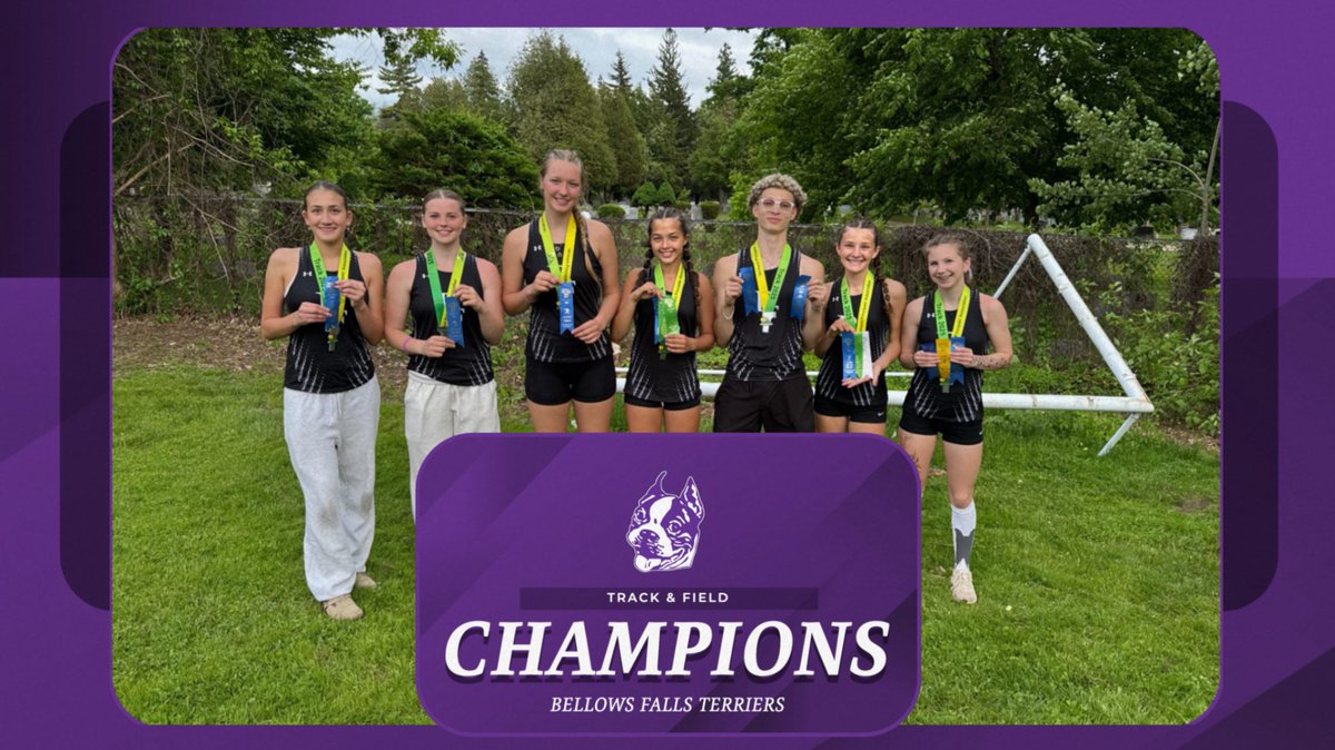 🏆STATE CHAMPIONS🏆
Shoutout to our DIII State Champs from Bellows Falls Track &amp; Field!

🥇Brandon Keller – 110mH &amp; 300mH
🥇Desi Broadley – 3000m
🥇Laura Kamel – Discus
🥇Veronica Moore – Javelin
🥇Girls 4x800 Relay – Maxfield, Thurber, Robb, Broadley

#BleedPurple