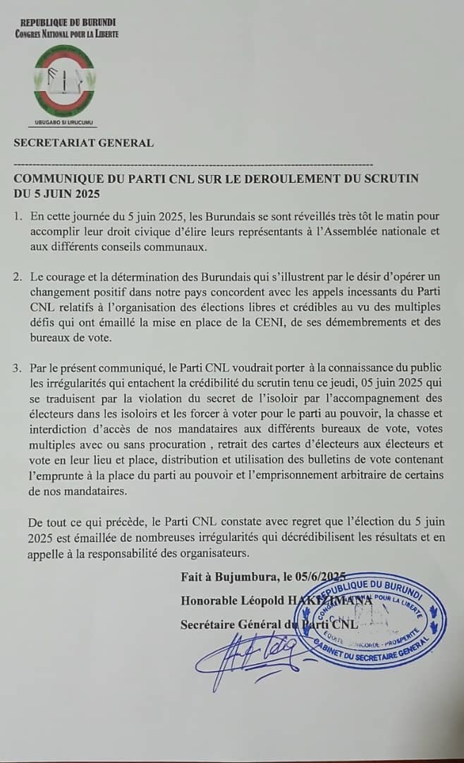 🇧🇮 #Burundi Contestation électorale 

🔴🖋«Le Parti #CNL constate avec regret que l'élection du 5 juin 2025 est émaillée de nombreuses irrégularités qui décrédibilisent les résultats et en appelle à la responsabilité des organisateurs»

Dans un communiqué sorti aussitôt après