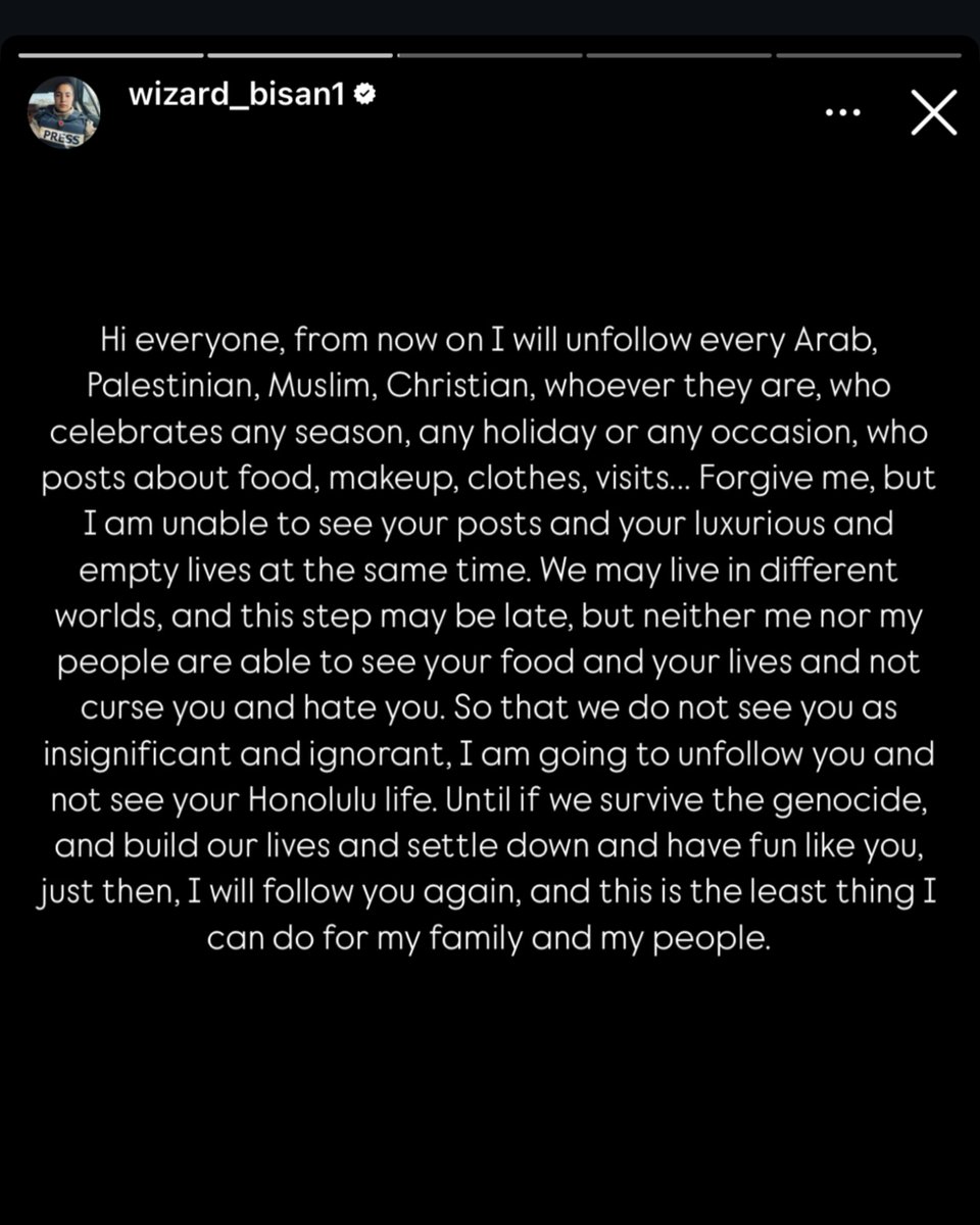 Bisan's message on her story. Please be cautious if you have followers from Gaza of what you post during a time when they can’t even find food under a sky of bombs. Free Palestine.