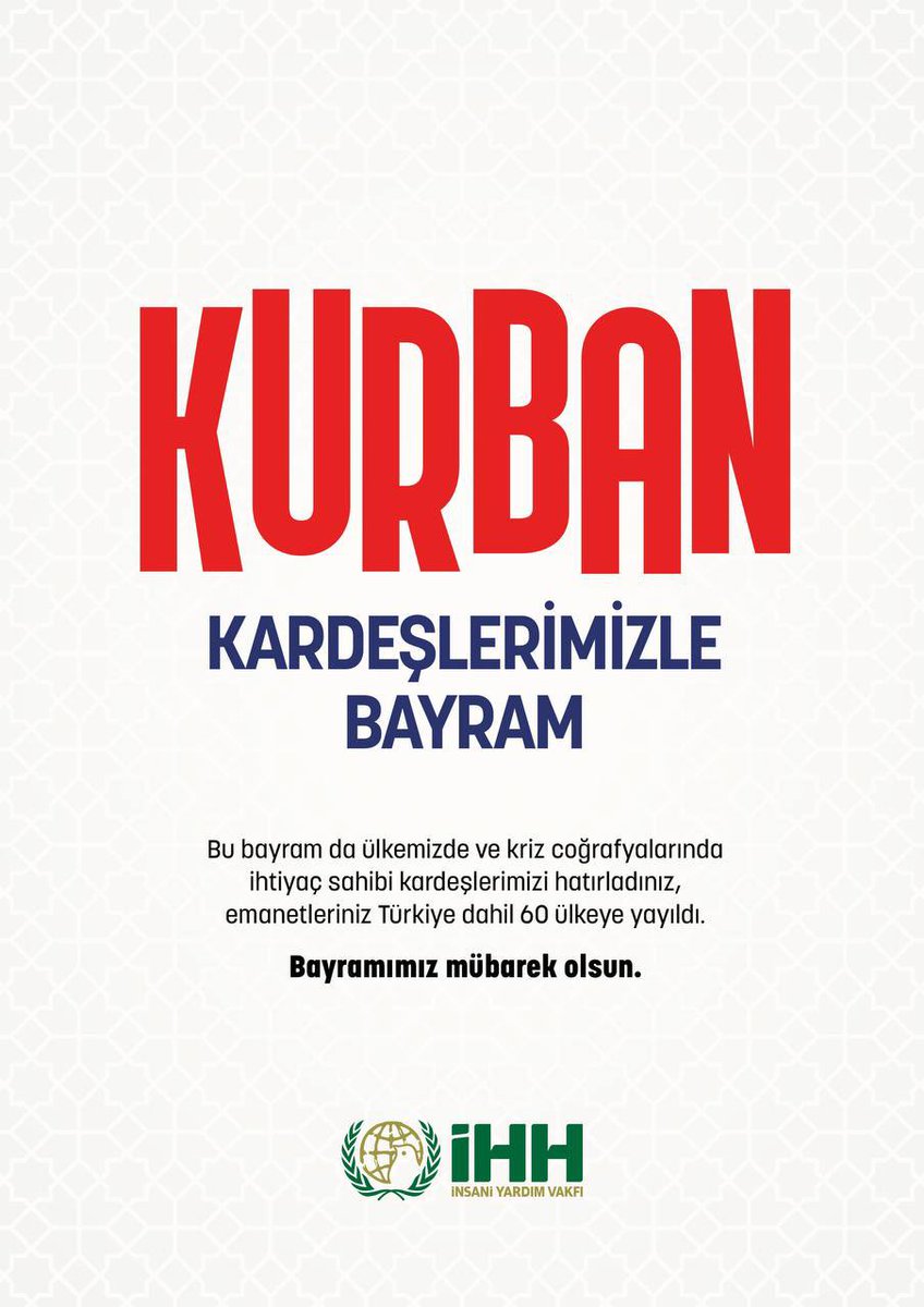 Kurban Bayramımız mübarek olsun. 

Bu bayram da ülkemizde ve kriz coğrafyalarında ihtiyaç sahibi kardeşlerimizi hatırladınız, emanetleriniz Türkiye dahil 60 ülkeye yayıldı. 🩵