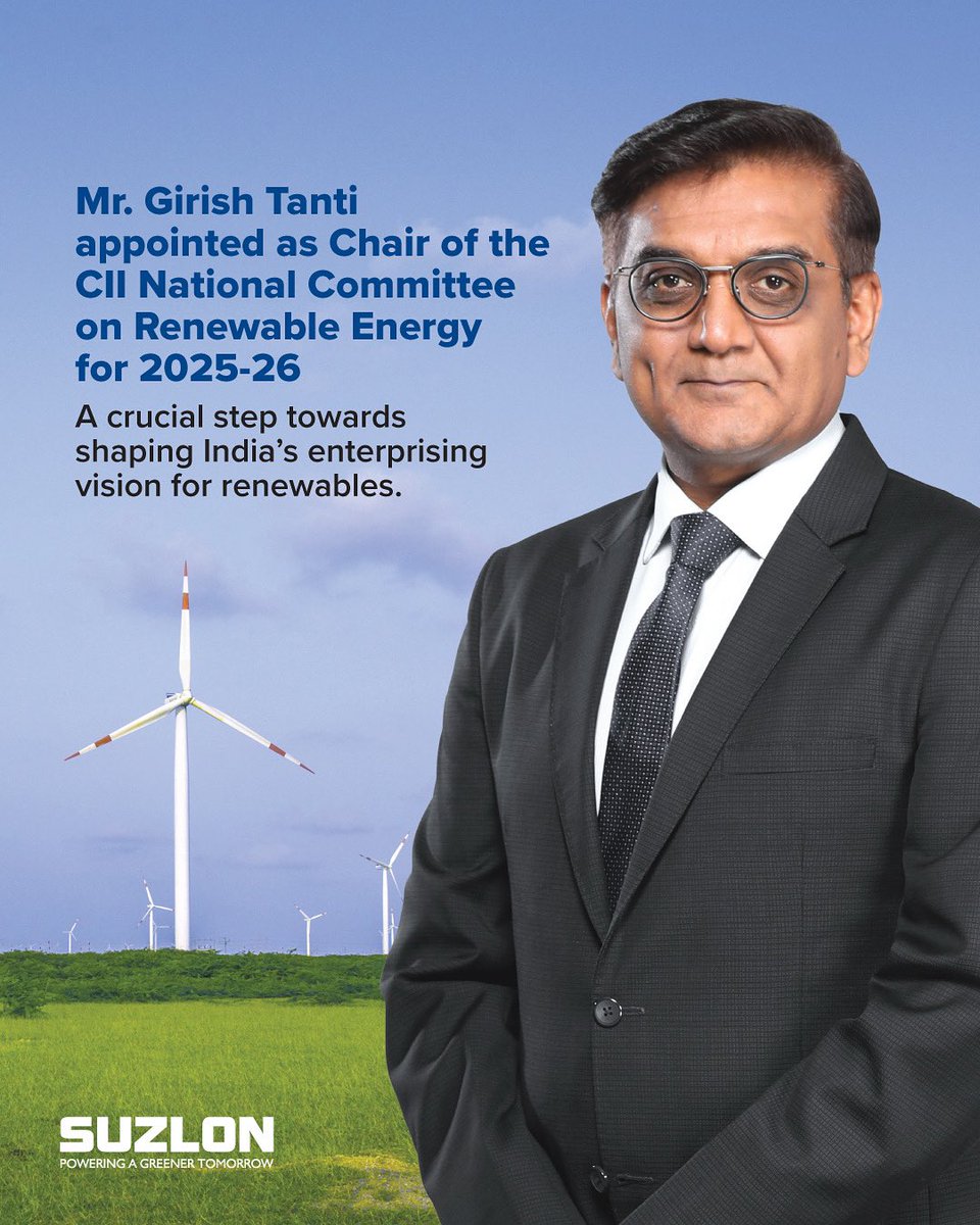 In a critical step towards shaping the vision for India’s renewable energy sector, Mr. Girish Tanti, Vice Chairman of Suzlon Group, has been appointed as Chairman of the Confederation of Indian Industry (CII) National Committee on Renewable Energy for 2025-26. With his commitment