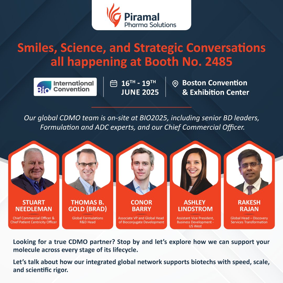 Meet the team at #BIO2025! From discovery to delivery, Piramal Pharma Solutions supports your molecule’s journey with global CDMO expertise in APIs, biologics, sterile fill/finish, oral solids, ADCs &amp; more. 

Visit us at Booth 2485 to connect!