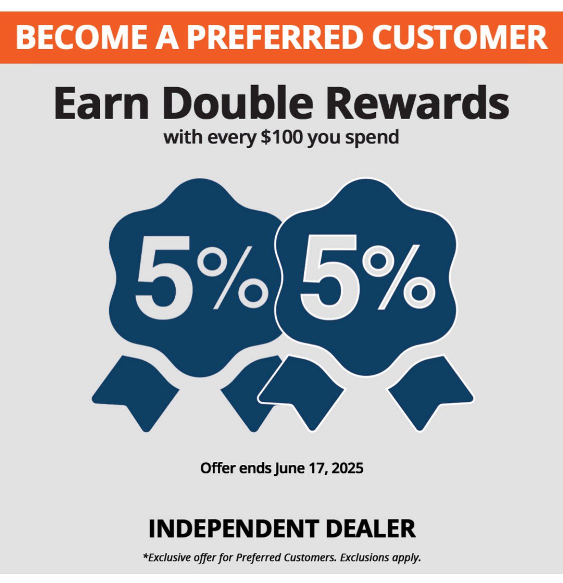 For a limited time, Preferred Customers earn double rewards (two $5-Back rewards in the U.S./5%-Back coupons in Canada) on orders of $100 or more. Double rewards will be added to their MyRewards page July 3, 2025. Rewards expire Dec. 30, 2025. The promotion runs June 4-17, 2025.