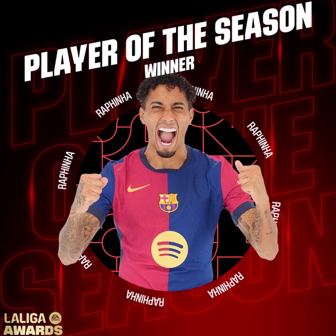 🚨🇧🇷 𝐎𝐅𝐅𝐈𝐂𝐈𝐀𝐋 | Raphinha is the 2024/25 La Liga Player of the Season! 🥇

His league stats: 27 goal contributions in 36 appearances. 🪄