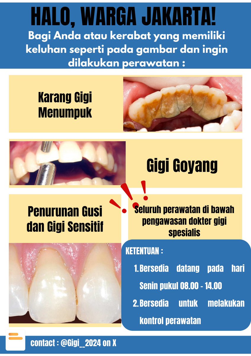 Gigi__2024's tweet image. hi hi yang punya keluhan gigi di bawah atau ada gigi berlubang ngilu kena air dongin/manis atau berlubang dan sakit nyunyutan/malem pls DM!!!

#PromoGuncang #TimnasDay  Idul Adha #koasgigi #koaslife