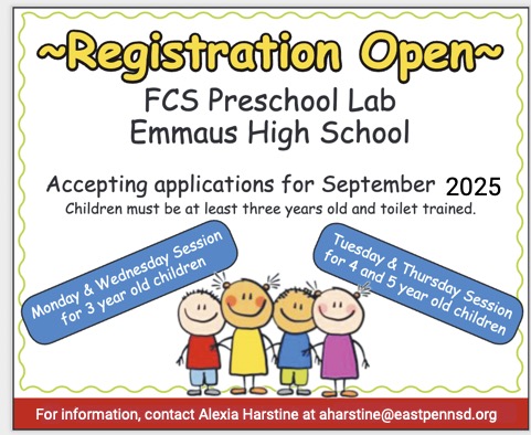 EPSD (@eastpennsd) on Twitter photo Do you have a 3, 4, or 5 year old that would be interested in joining our EHS Child Development 2 & 3 students at our FCS Preschool Lab? For more information, please contact Alexia Harstine at aharstine@eastpennsd.org. #EastPennPROUD Do you have a 3, 4, or 5 year old that would be interested in joining our EHS Child Development 2 & 3 students at our FCS Preschool Lab? For more information, please contact Alexia Harstine at aharstine@eastpennsd.org. #EastPennPROUD
