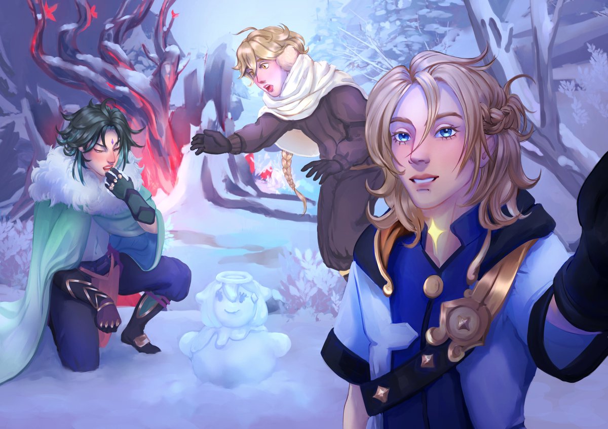 dreielire's tweet image. Second throuple for @teyvat_travelog 🥰 This one was a collaboration with @alainey_lee 🥰
"Once the snow is thick enough, we can eat it." cit.
#xiaotherbedo
(Oh how I love giving boyfriends to Albedo!✨)