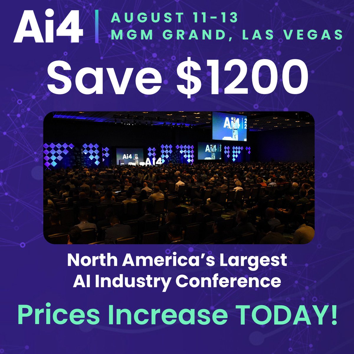 🚨 Last chance! Ai4 2025 ticket prices go up TONIGHT at 11:59PM PST.

Save $1,200 &amp; join 8,000+ professionals shaping the future of AI.

🎟️ Register now: shorturl.at/PPBoD

#Ai42025 #AIConference #ArtificialIntelligence